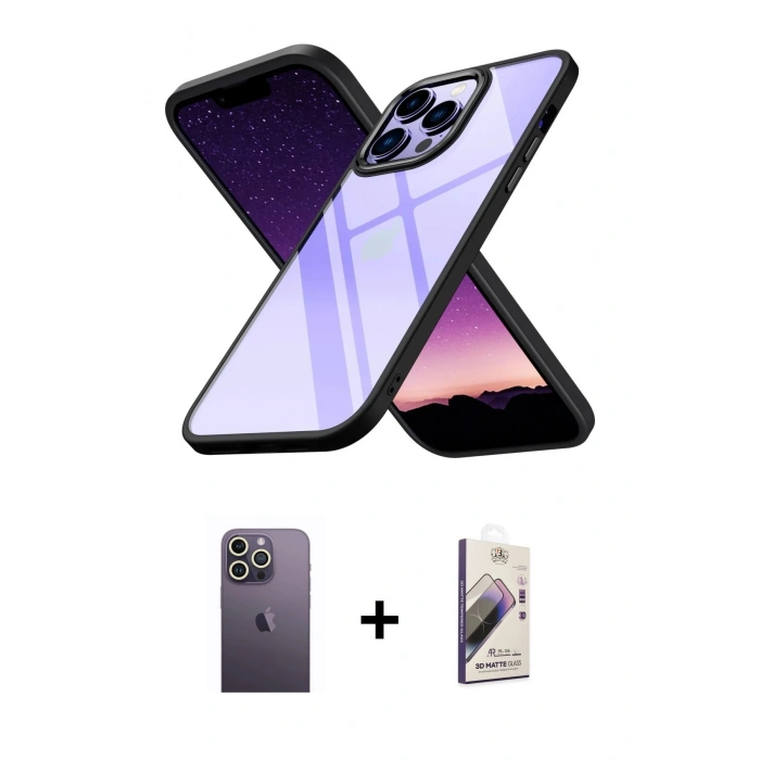 MARSİLYAN™- iPhone 13 Pro Max Kılıf Nova Işık Serisi - Siyah Bilvis 3D Mat Cam Ekran Koruyucu + Neon Fosforlu Kamera Lens - BZ