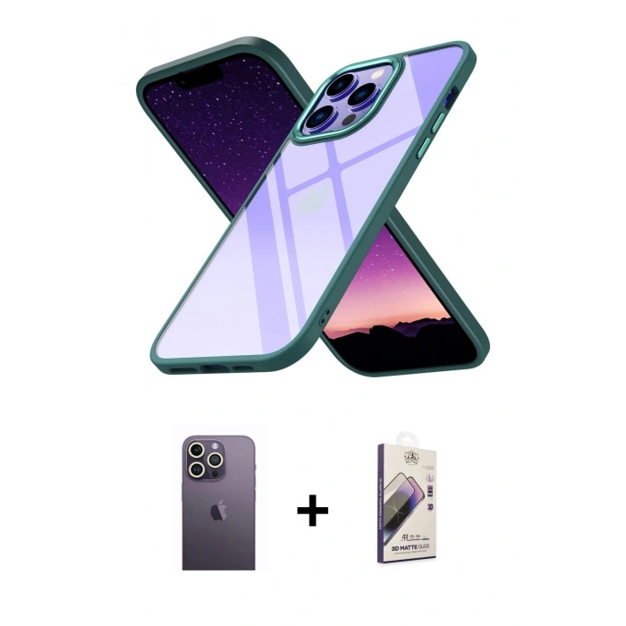 MARSİLYAN™- iPhone 13 Pro Max Kılıf Nova Işık Serisi - Siyah Bilvis 3D Mat Cam Ekran Koruyucu + Neon Fosforlu Kamera Lens - BZ