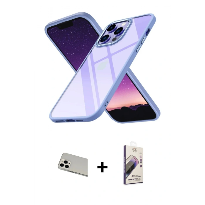 MARSİLYAN™- iPhone 13 Pro Max Kılıf Nova Işık Serisi - Siyah Bilvis 3D Mat Cam Ekran Koruyucu + Beyaz Rainbow Kamera Lens Koruma Cam
