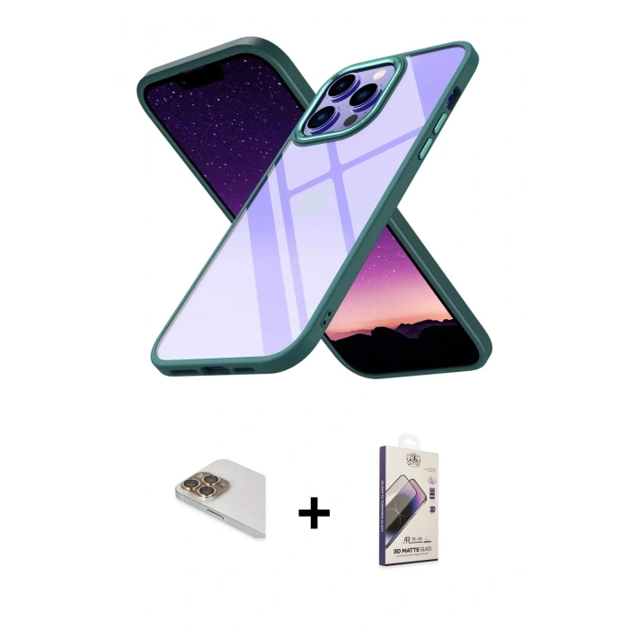 MARSİLYAN™- iPhone 13 Pro Max Kılıf Nova Işık Serisi - Siyah Bilvis 3D Mat Cam Ekran Koruyucu + Gold Pers Alüminyum Kamera Lens