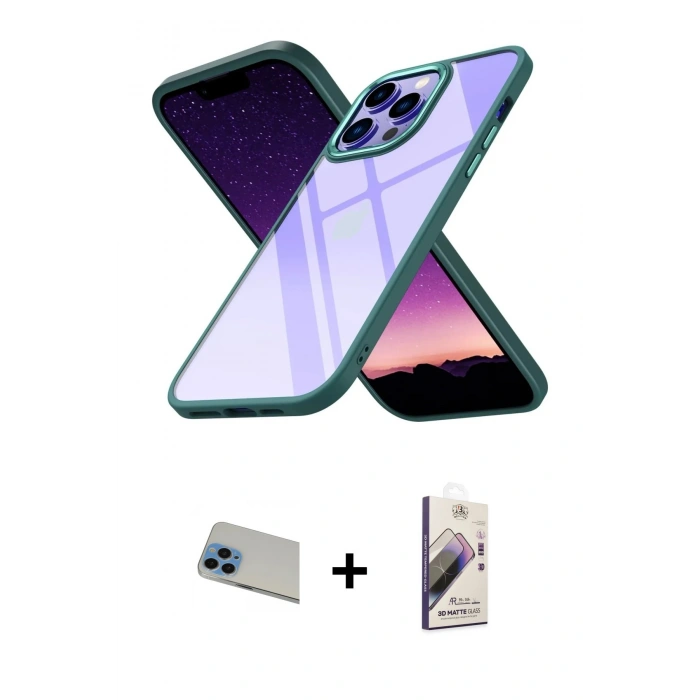 MARSİLYAN™- iPhone 13 Pro Max Kılıf Nova Işık Serisi - Siyah Bilvis 3D Mat Cam Ekran Koruyucu + Mavi Rainbow Kamera Lens Koruma Cam