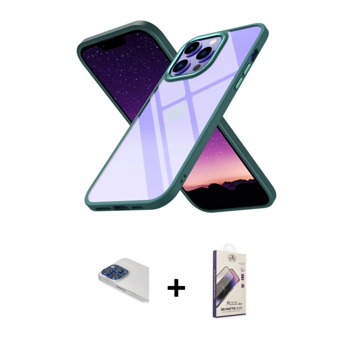 MARSİLYAN™- iPhone 13 Pro Max Kılıf Nova Işık Serisi - Siyah Bilvis 3D Mat Cam Ekran Koruyucu + Pers Alüminyum Kamera Lens - LT