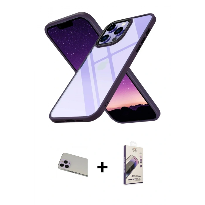MARSİLYAN™- iPhone 13 Pro Max Kılıf Nova Işık Serisi - Siyah Bilvis 3D Mat Cam Ekran Koruyucu + Rainbow Kamera Lens Koruma Cam - MR