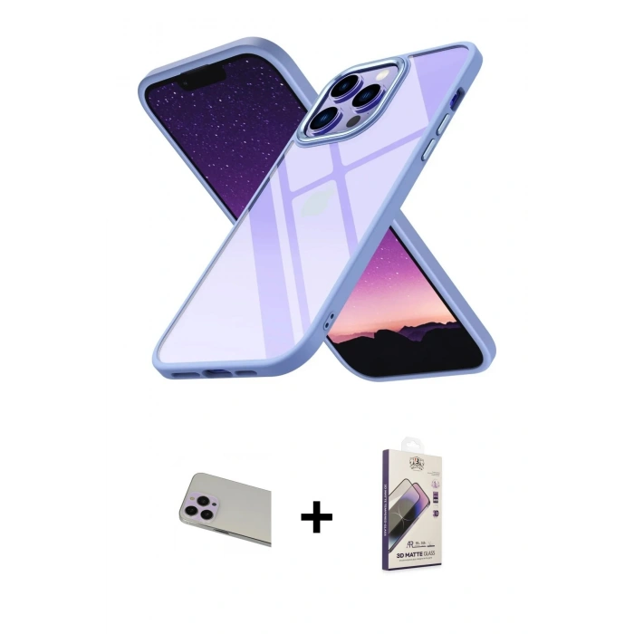 MARSİLYAN™- iPhone 13 Pro Max Kılıf Nova Işık Serisi - Siyah Bilvis 3D Mat Cam Ekran Koruyucu + Rainbow Kamera Lens Koruma Cam - MR