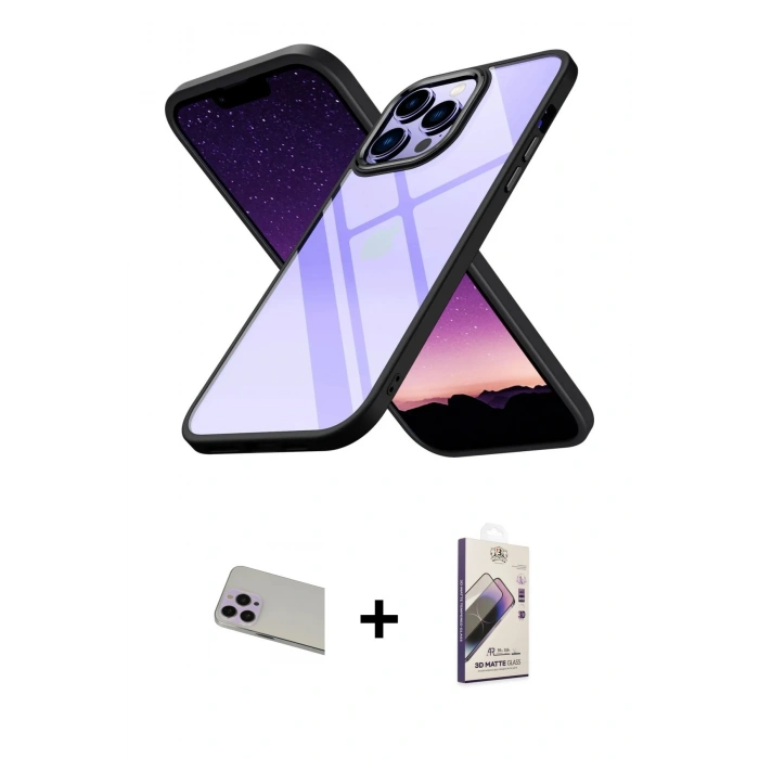 MARSİLYAN™- iPhone 13 Pro Max Kılıf Nova Işık Serisi - Siyah Bilvis 3D Mat Cam Ekran Koruyucu + Rainbow Kamera Lens Koruma Cam - MR