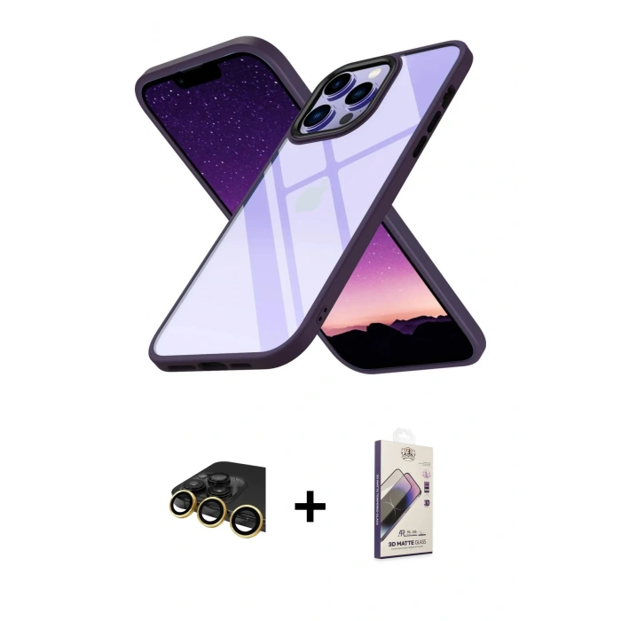MARSİLYAN™- iPhone 13 Pro Max Kılıf Nova Işık Serisi - Siyah Bilvis 3D Mat Cam Ekran Koruyucu + Raze Metal Kamera Lens - GD