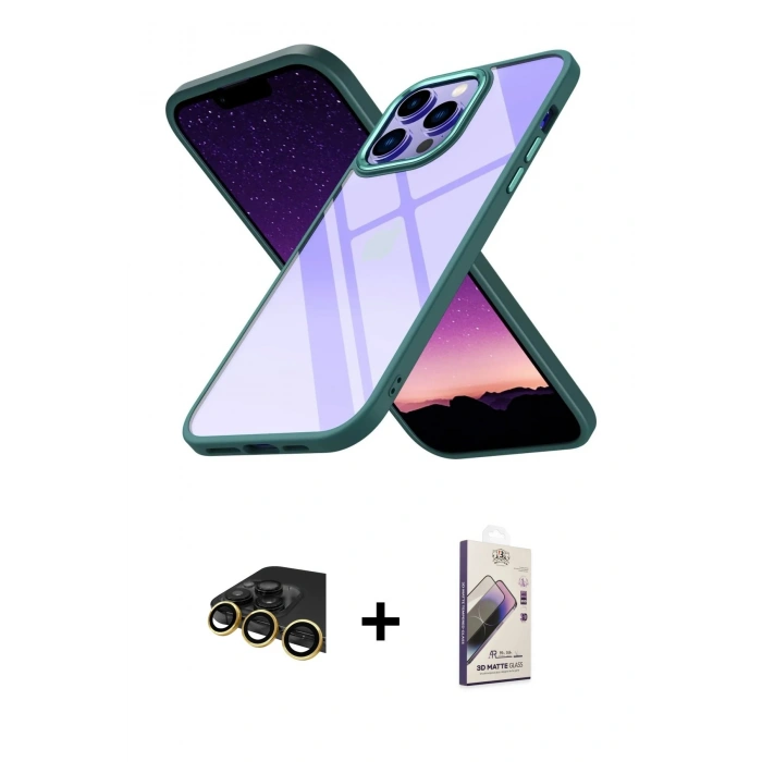 MARSİLYAN™- iPhone 13 Pro Max Kılıf Nova Işık Serisi - Siyah Bilvis 3D Mat Cam Ekran Koruyucu + Raze Metal Kamera Lens - GD