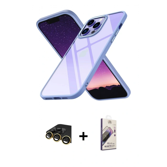 MARSİLYAN™- iPhone 13 Pro Max Kılıf Nova Işık Serisi - Siyah Bilvis 3D Mat Cam Ekran Koruyucu + Raze Metal Kamera Lens - GD