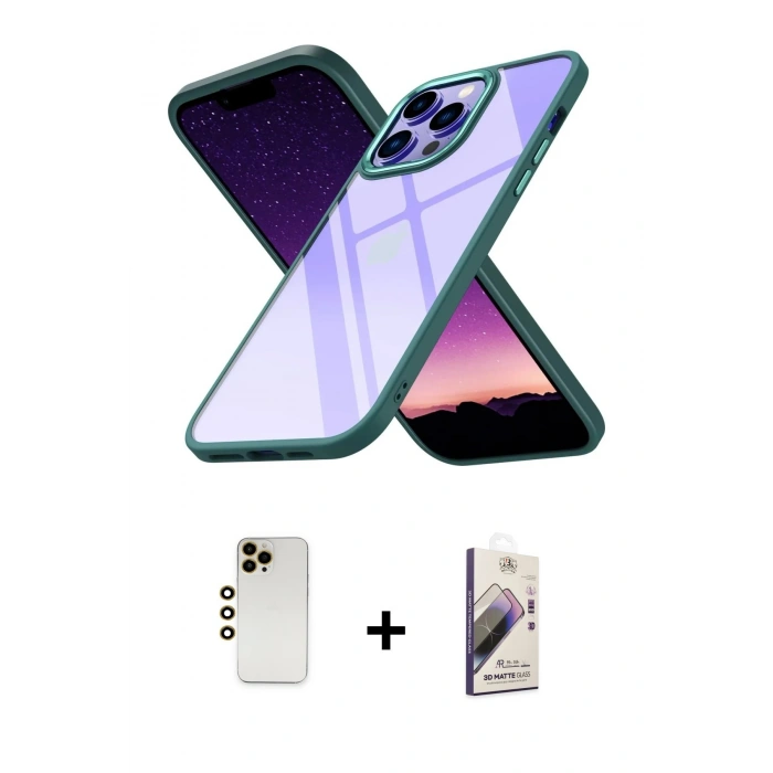 MARSİLYAN™- iPhone 13 Pro Max Kılıf Nova Işık Serisi - Siyah Bilvis 3D Mat Cam Ekran Koruyucu + Shine Kamera Lens - GD