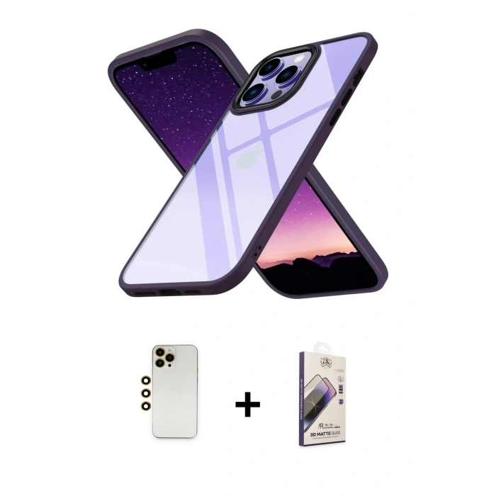 MARSİLYAN™- iPhone 13 Pro Max Kılıf Nova Işık Serisi - Siyah Bilvis 3D Mat Cam Ekran Koruyucu + Shine Kamera Lens - GD