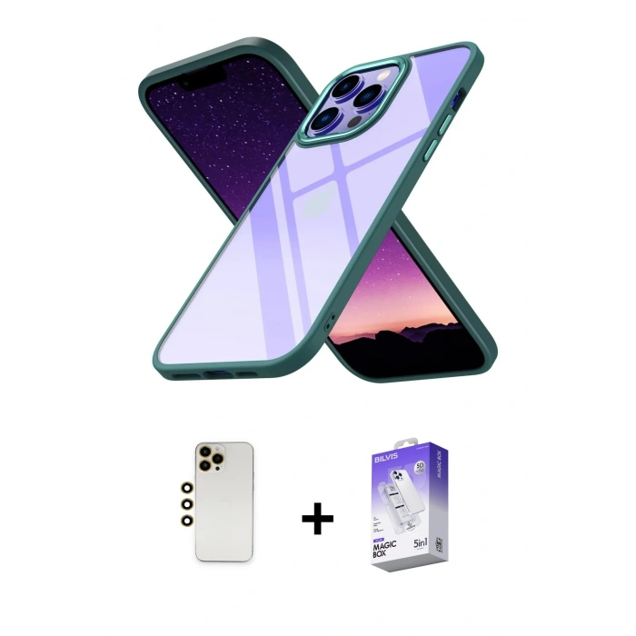 MARSİLYAN™- iPhone 13 Pro Max Kılıf Nova Işık Serisi - Siyah Bilvis 5in1 3D Magic Cam Ekran Koruyucu + Gold Shine Kamera Lens