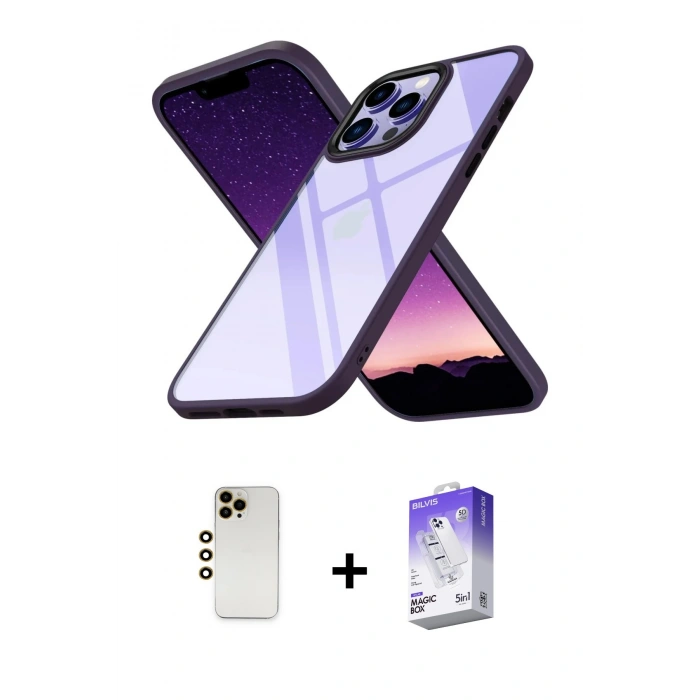 MARSİLYAN™- iPhone 13 Pro Max Kılıf Nova Işık Serisi - Siyah Bilvis 5in1 3D Magic Cam Ekran Koruyucu + Gold Shine Kamera Lens