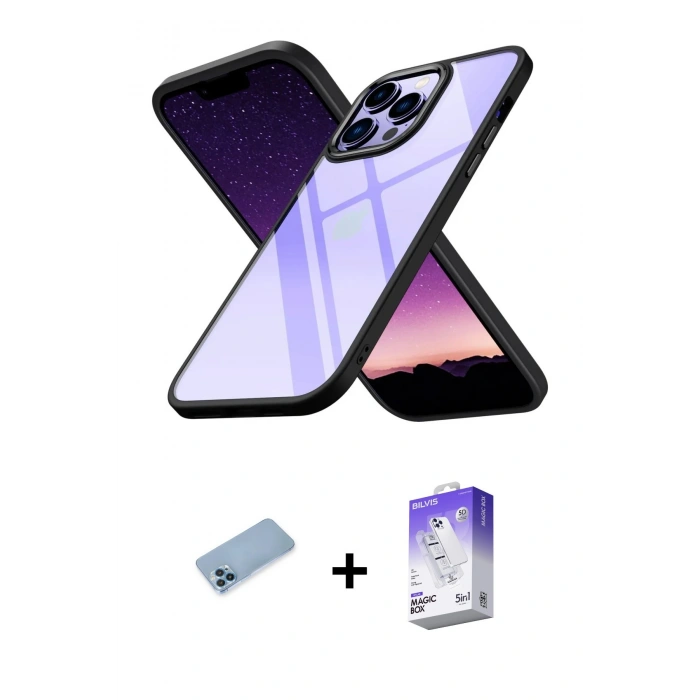 MARSİLYAN™- iPhone 13 Pro Max Kılıf Nova Işık Serisi - Siyah Bilvis 5in1 3D Magic Cam Ekran Koruyucu + Shine Kamera Lens Koruma Cam - MI