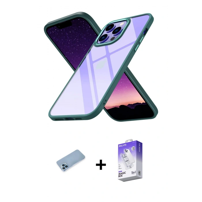 MARSİLYAN™- iPhone 13 Pro Max Kılıf Nova Işık Serisi - Siyah Bilvis 5in1 3D Magic Cam Ekran Koruyucu + Shine Kamera Lens Koruma Cam - MI