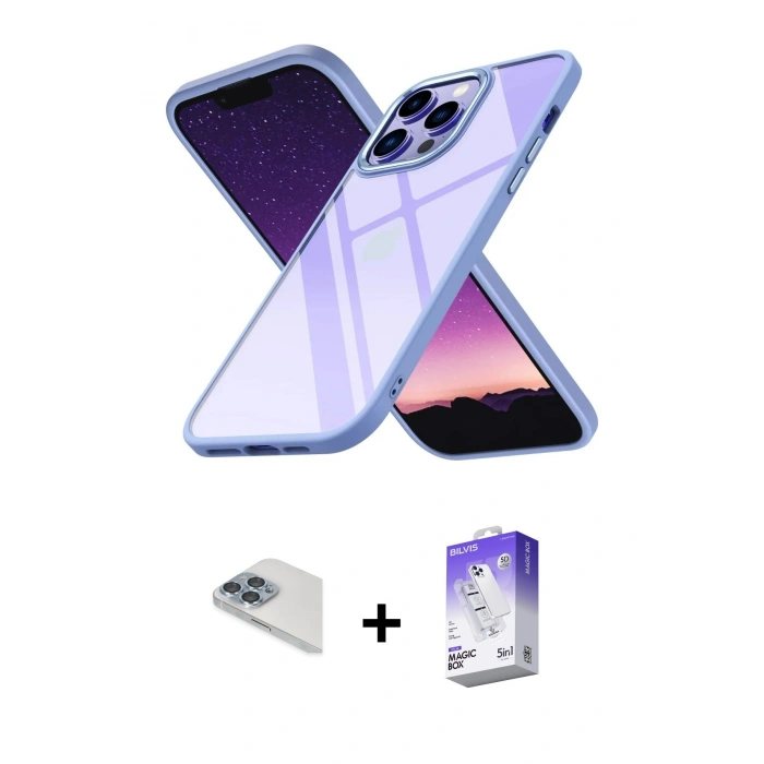 MARSİLYAN™- iPhone 13 Pro Max Kılıf Nova Işık Serisi - Siyah Bilvis 5in1 3D Magic Cam Ekran Koruyucu + Pers Alüminyum Kamera Lens - SABE
