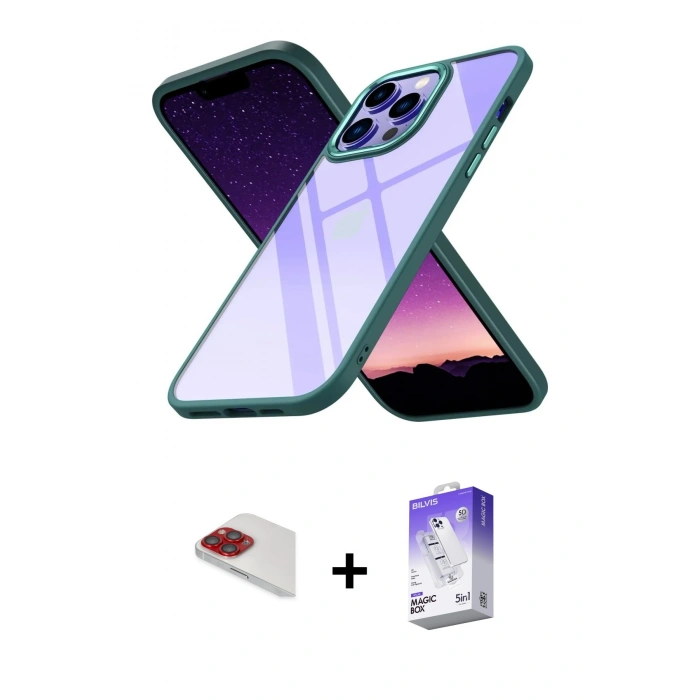 MARSİLYAN™- iPhone 13 Pro Max Kılıf Nova Işık Serisi - Siyah Bilvis 5in1 3D Magic Cam Ekran Koruyucu + Pers Alüminyum Kamera Lens - KI