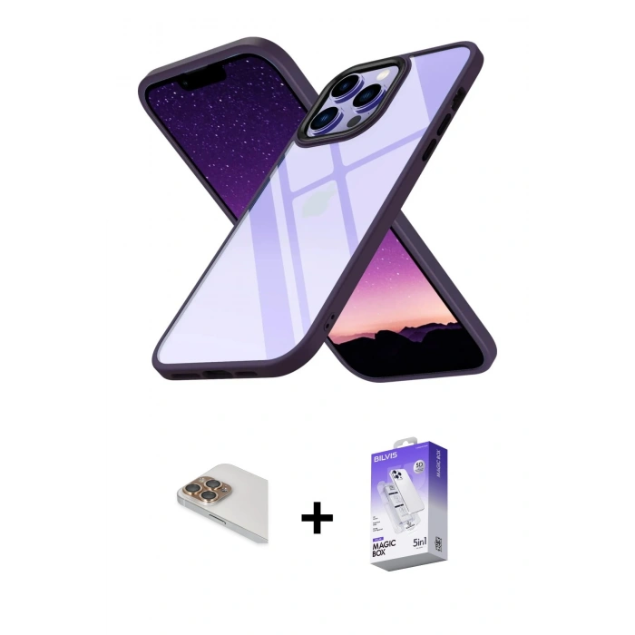 MARSİLYAN™- iPhone 13 Pro Max Kılıf Nova Işık Serisi - Siyah Bilvis 5in1 3D Magic Cam Ekran Koruyucu + Pers Alüminyum Kamera Lens - GD