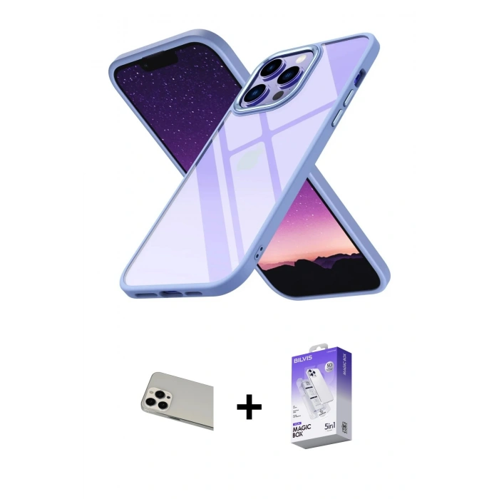 MARSİLYAN™- iPhone 13 Pro Max Kılıf Nova Işık Serisi - Siyah Bilvis 5in1 3D Magic Cam Ekran Koruyucu + Rainbow Kamera Lens Koruma Cam - BZ