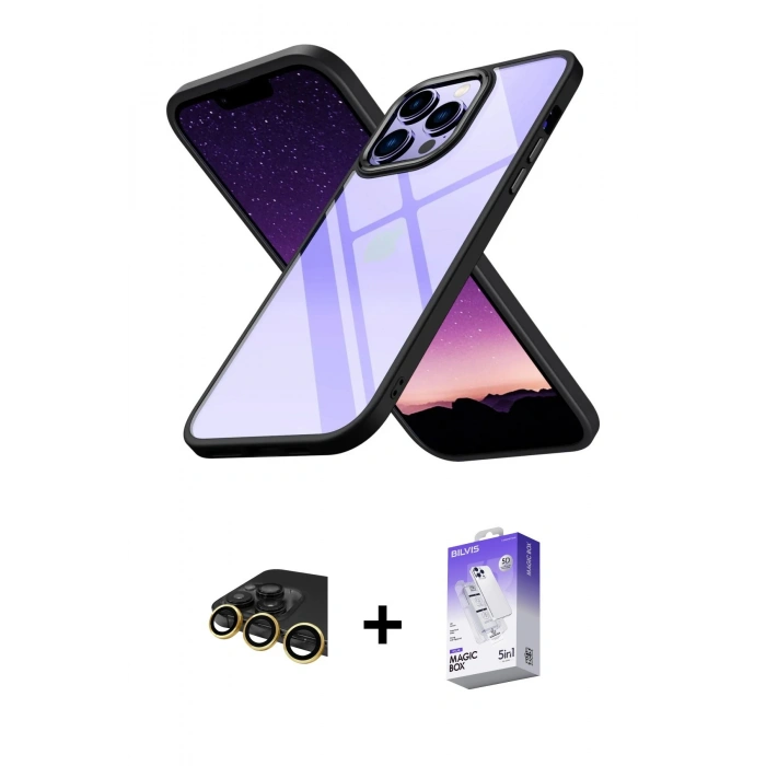 MARSİLYAN™- iPhone 13 Pro Max Kılıf Nova Işık Serisi - Siyah Bilvis 5in1 3D Magic Cam Ekran Koruyucu + Raze Metal Kamera Lens - GD