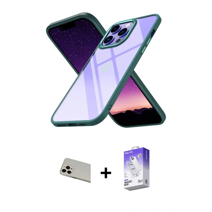 MARSİLYAN™- iPhone 13 Pro Max Kılıf Nova Işık Serisi - Siyah Bilvis 5in1 3D Magic Cam Ekran Koruyucu + Rainbow Kamera Lens Koruma Cam - REGD