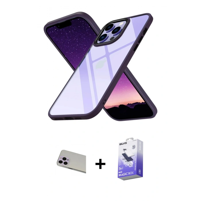 MARSİLYAN™- iPhone 13 Pro Max Kılıf Nova Işık Serisi - Siyah Bilvis 5in1 5D Magic Hayalet Cam Ekran Koruyucu + Mor Rainbow Kamera Lens Koruma Cam