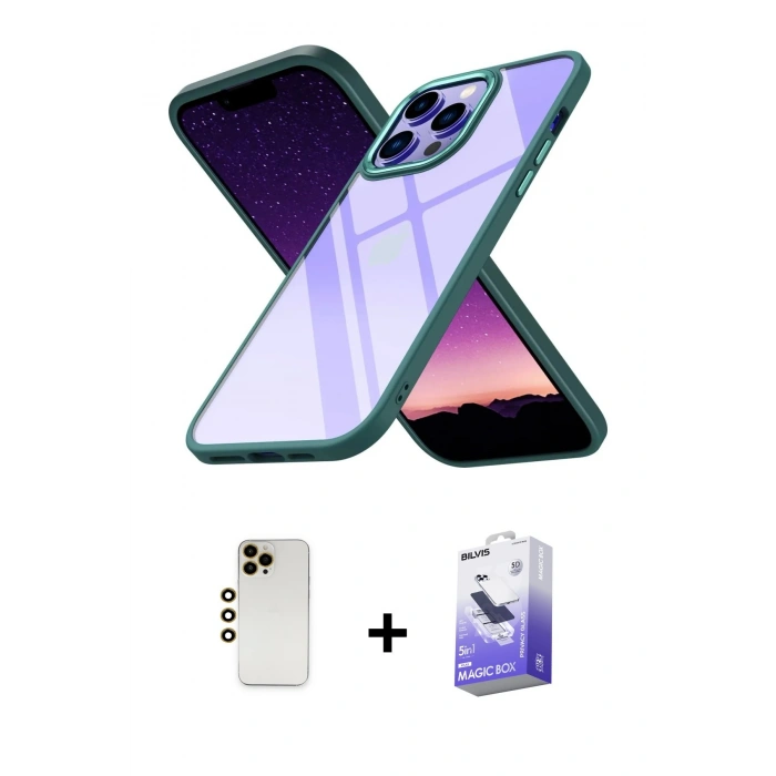 MARSİLYAN™- iPhone 13 Pro Max Kılıf Nova Işık Serisi - Siyah Bilvis 5in1 5D Magic Hayalet Cam Ekran Koruyucu + Shine Kamera Lens - GD
