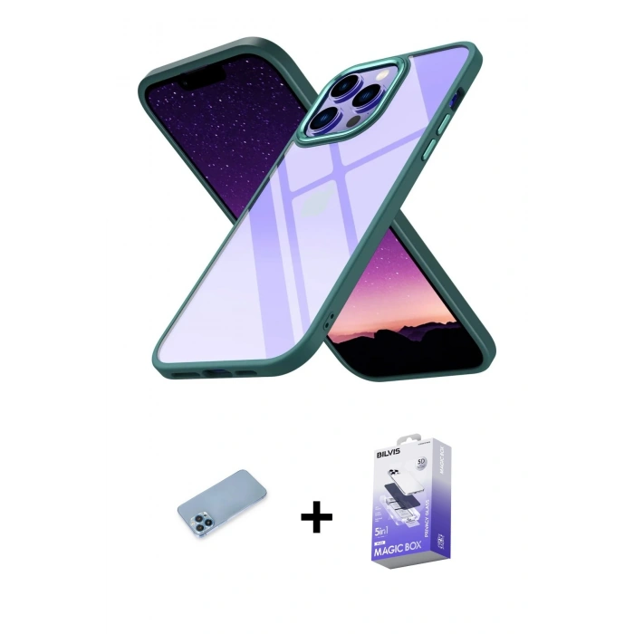 MARSİLYAN™- iPhone 13 Pro Max Kılıf Nova Işık Serisi - Siyah Bilvis 5in1 5D Magic Hayalet Cam Ekran Koruyucu + Shine Kamera Lens Koruma Cam - MI