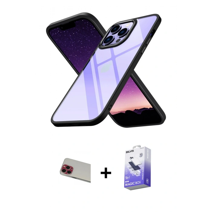 MARSİLYAN™- iPhone 13 Pro Max Kılıf Nova Işık Serisi - Siyah Bilvis 5in1 5D Magic Hayalet Cam Ekran Koruyucu + Kırmızı Rainbow Kamera Lens Koruma Cam