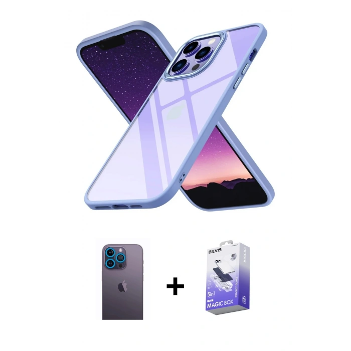 MARSİLYAN™- iPhone 13 Pro Max Kılıf Nova Işık Serisi - Siyah Bilvis 5in1 5D Magic Hayalet Cam Ekran Koruyucu + Neon Fosforlu Kamera Lens - MI