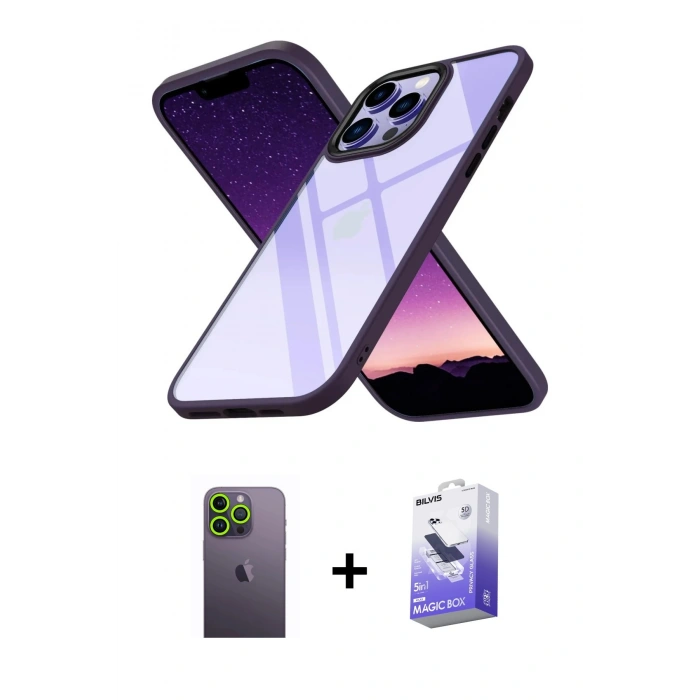 MARSİLYAN™- iPhone 13 Pro Max Kılıf Nova Işık Serisi - Siyah Bilvis 5in1 5D Magic Hayalet Cam Ekran Koruyucu + Neon Fosforlu Kamera Lens - YL