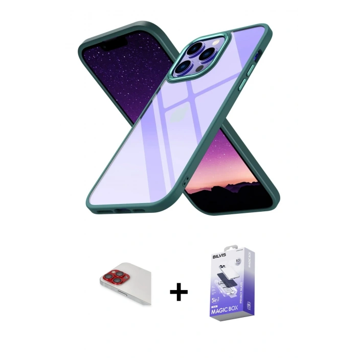 MARSİLYAN™- iPhone 13 Pro Max Kılıf Nova Işık Serisi - Siyah Bilvis 5in1 5D Magic Hayalet Cam Ekran Koruyucu + Pers Alüminyum Kamera Lens - KI