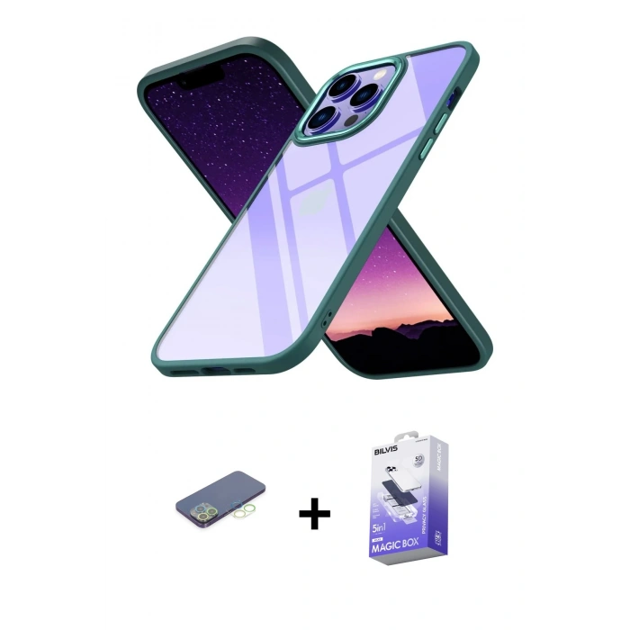 MARSİLYAN™- iPhone 13 Pro Max Kılıf Nova Işık Serisi - Siyah Bilvis 5in1 5D Magic Hayalet Cam Ekran Koruyucu + Renkli Kamera Lens Koruma Cam - YL