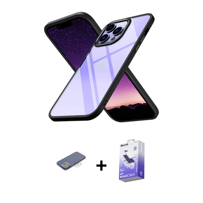 MARSİLYAN™- iPhone 13 Pro Max Kılıf Nova Işık Serisi - Siyah Bilvis 5in1 5D Magic Hayalet Cam Ekran Koruyucu + Renkli Kamera Lens Koruma Cam - MI