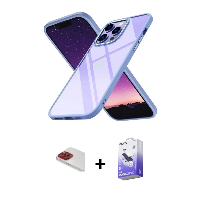 MARSİLYAN™- iPhone 13 Pro Max Kılıf Nova Işık Serisi - Siyah Bilvis 5in1 5D Magic Hayalet Cam Ekran Koruyucu + Pers Alüminyum Kamera Lens - KI