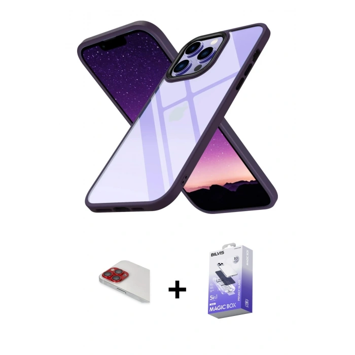 MARSİLYAN™- iPhone 13 Pro Max Kılıf Nova Işık Serisi - Siyah Bilvis 5in1 5D Magic Hayalet Cam Ekran Koruyucu + Pers Alüminyum Kamera Lens - KI