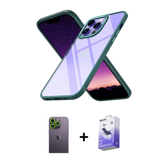 MARSİLYAN™- iPhone 13 Pro Max Kılıf Nova Işık Serisi - Siyah Bilvis 5in1 5D Magic Hayalet Cam Ekran Koruyucu + Neon Fosforlu Kamera Lens - YL