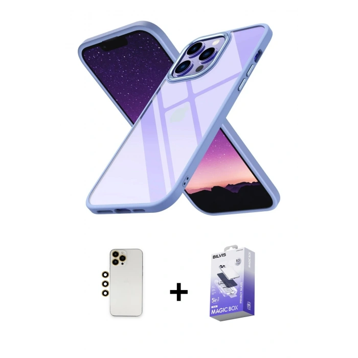 MARSİLYAN™- iPhone 13 Pro Max Kılıf Nova Işık Serisi - Siyah Bilvis 5in1 5D Magic Hayalet Cam Ekran Koruyucu + Shine Kamera Lens - GD