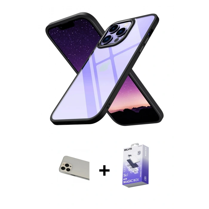 MARSİLYAN™- iPhone 13 Pro Max Kılıf Nova Işık Serisi - Siyah Bilvis 5in1 5D Magic Hayalet Cam Ekran Koruyucu + Rainbow Kamera Lens Koruma Cam - REGD