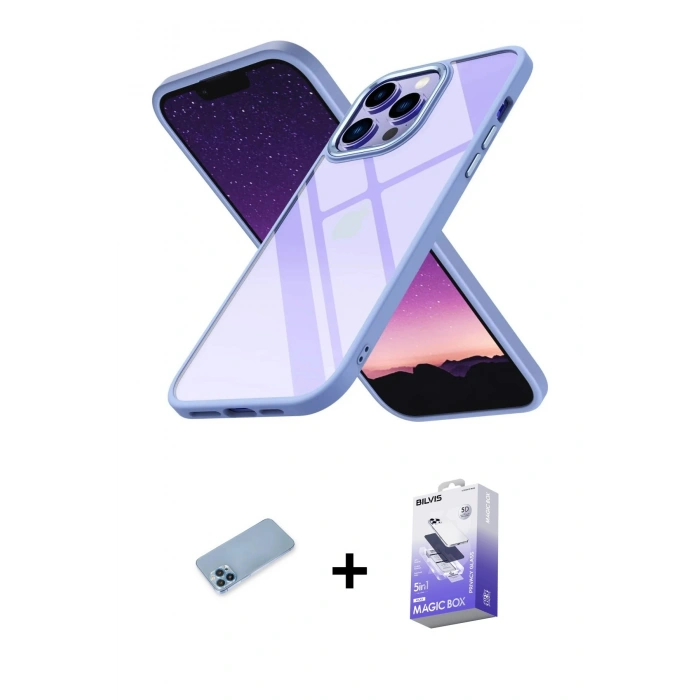 MARSİLYAN™- iPhone 13 Pro Max Kılıf Nova Işık Serisi - Siyah Bilvis 5in1 5D Magic Hayalet Cam Ekran Koruyucu + Shine Kamera Lens Koruma Cam - MI