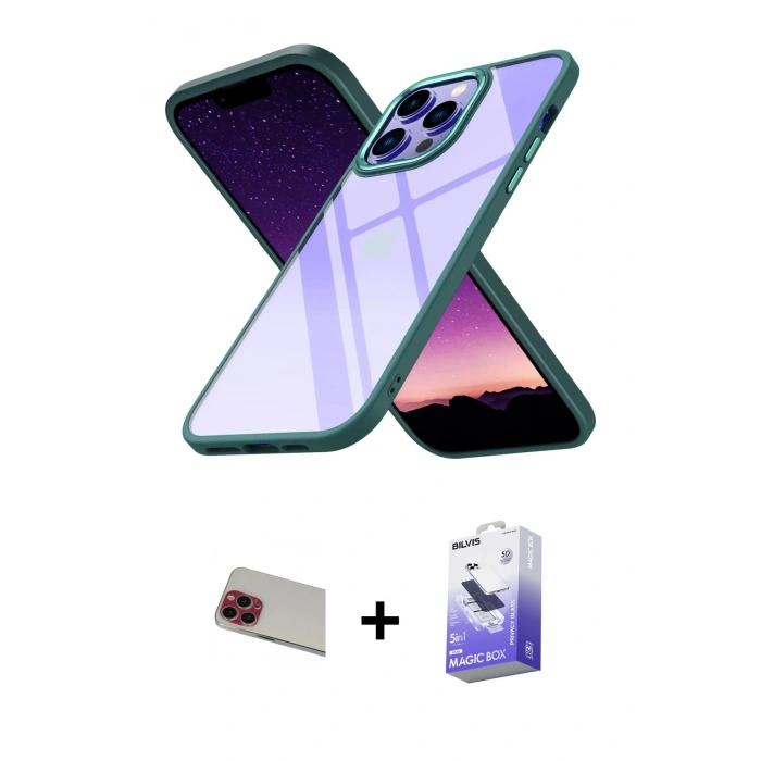 MARSİLYAN™- iPhone 13 Pro Max Kılıf Nova Işık Serisi - Siyah Bilvis 5in1 5D Magic Hayalet Cam Ekran Koruyucu + Kırmızı Rainbow Kamera Lens Koruma Cam
