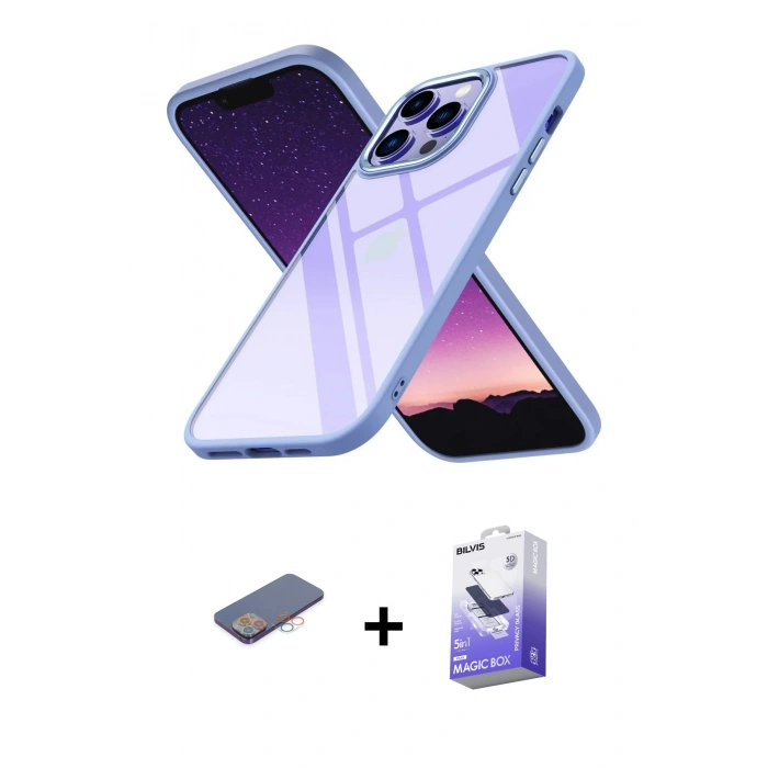 MARSİLYAN™- iPhone 13 Pro Max Kılıf Nova Işık Serisi - Siyah Bilvis 5in1 5D Magic Hayalet Cam Ekran Koruyucu + Renkli Kamera Lens Koruma Cam - PE