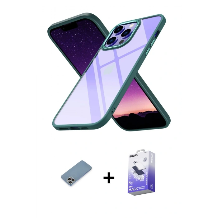 MARSİLYAN™- iPhone 13 Pro Max Kılıf Nova Işık Serisi - Siyah Bilvis 5in1 5D Magic Hayalet Cam Ekran Koruyucu + Shine Kamera Lens Koruma Cam - GI
