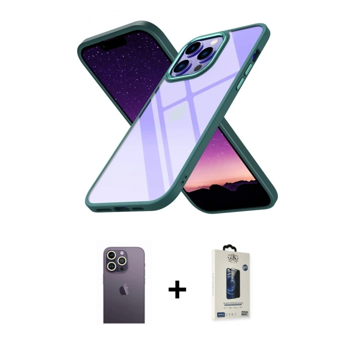 MARSİLYAN™- iPhone 13 Pro Max Kılıf Nova Işık Serisi - Siyah Bilvis Hayalet Cam Ekran Koruyucu + Neon Fosforlu Kamera Lens - BZ