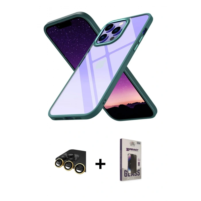 MARSİLYAN™- iPhone 13 Pro Max Kılıf Nova Işık Serisi - Siyah Bilvis Hayalet Cam Ekran Koruyucu + Raze Metal Kamera Lens - GD