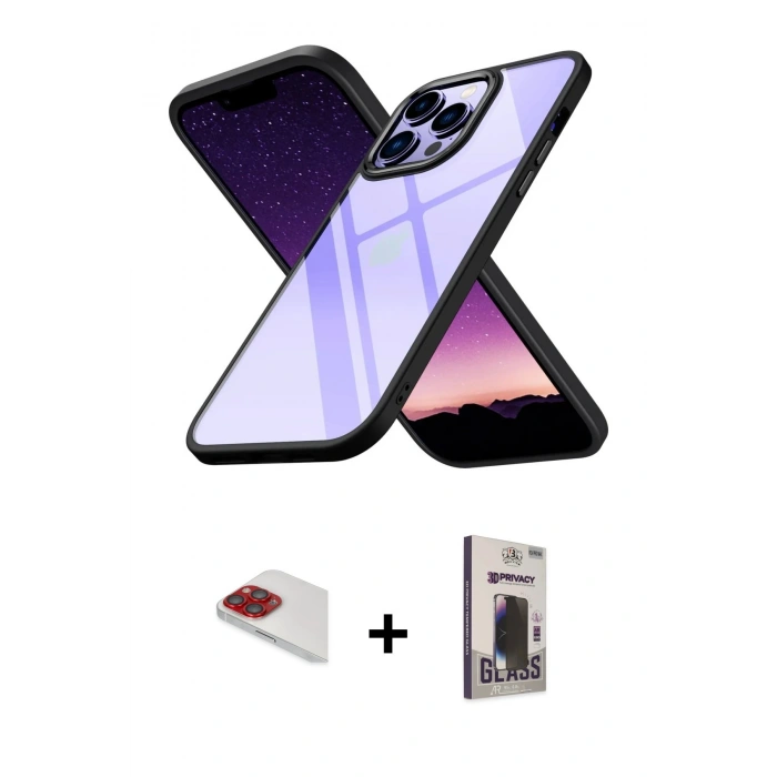 MARSİLYAN™- iPhone 13 Pro Max Kılıf Nova Işık Serisi - Siyah Bilvis Hayalet Cam Ekran Koruyucu + Kırmızı Pers Alüminyum Kamera Lens