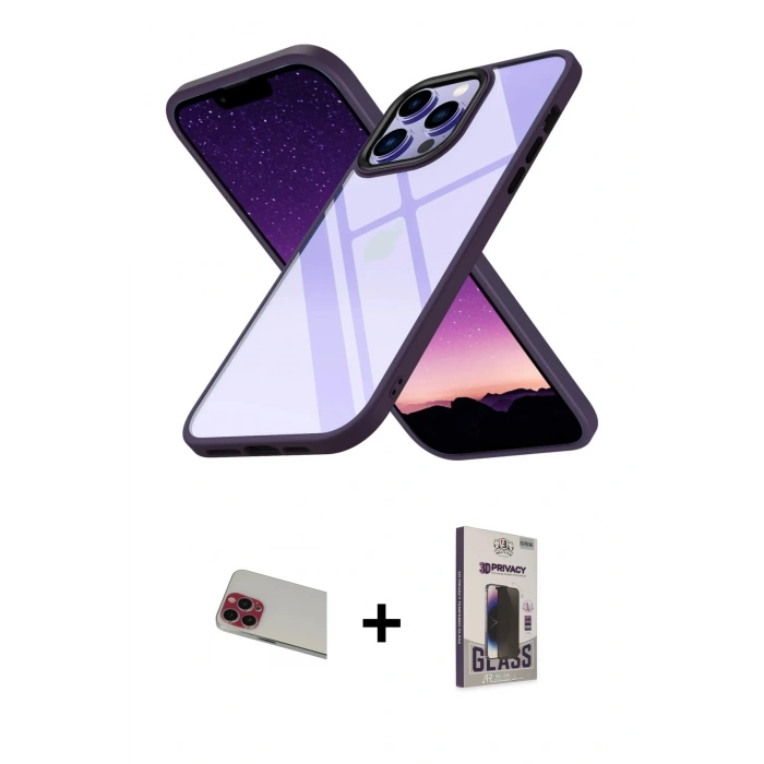 MARSİLYAN™- iPhone 13 Pro Max Kılıf Nova Işık Serisi - Siyah Bilvis Hayalet Cam Ekran Koruyucu + Rainbow Kamera Lens Koruma Cam - KI