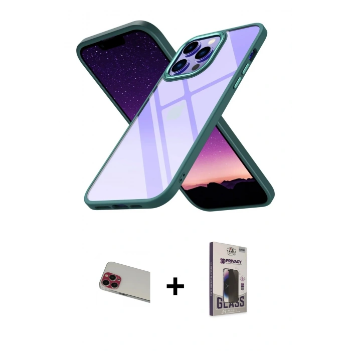 MARSİLYAN™- iPhone 13 Pro Max Kılıf Nova Işık Serisi - Siyah Bilvis Hayalet Cam Ekran Koruyucu + Rainbow Kamera Lens Koruma Cam - KI