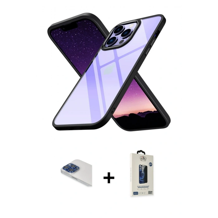 MARSİLYAN™- iPhone 13 Pro Max Kılıf Nova Işık Serisi - Siyah Bilvis Hayalet Cam Ekran Koruyucu + Pers Alüminyum Kamera Lens - LT