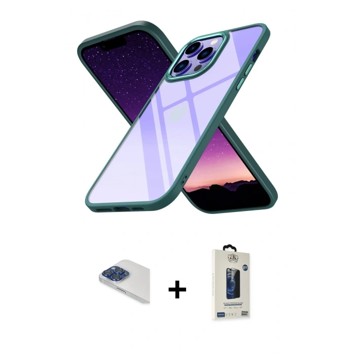 MARSİLYAN™- iPhone 13 Pro Max Kılıf Nova Işık Serisi - Siyah Bilvis Hayalet Cam Ekran Koruyucu + Pers Alüminyum Kamera Lens - LT