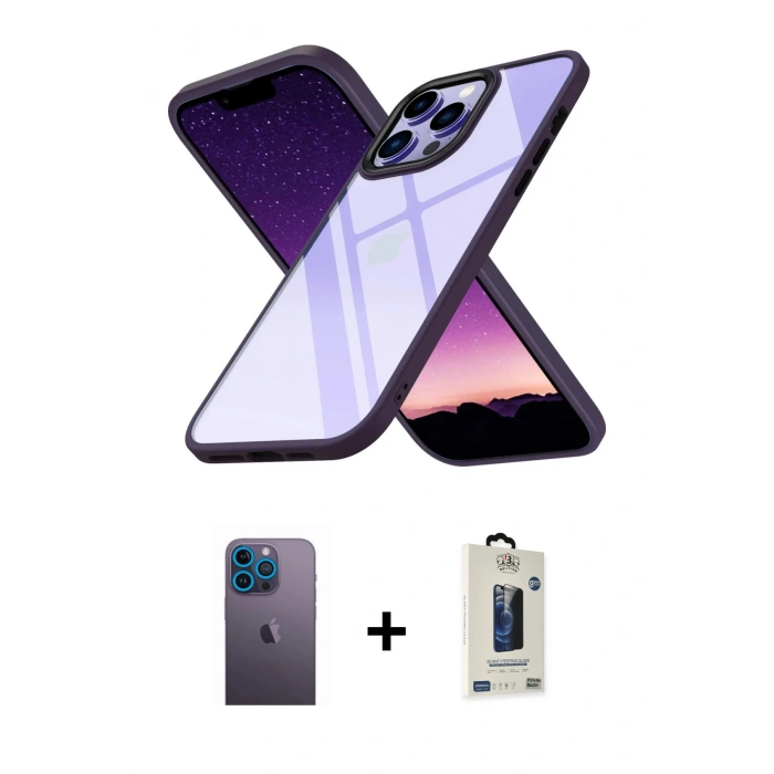 MARSİLYAN™- iPhone 13 Pro Max Kılıf Nova Işık Serisi - Siyah Bilvis Hayalet Cam Ekran Koruyucu + Neon Fosforlu Kamera Lens - MI